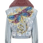 Dragonfly Kürklü Boyama Denim Ceket - Açık Mavi