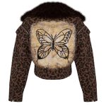 Butterfly Kürklü Boyama Denim Ceket - Leopar